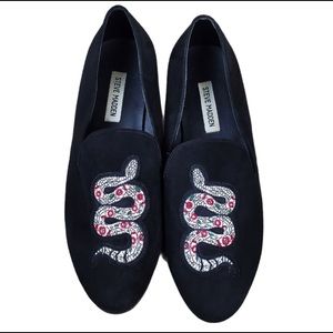 STEVE MADDEN Black Faux Suede Boa Snake Dress Slipper Loafers